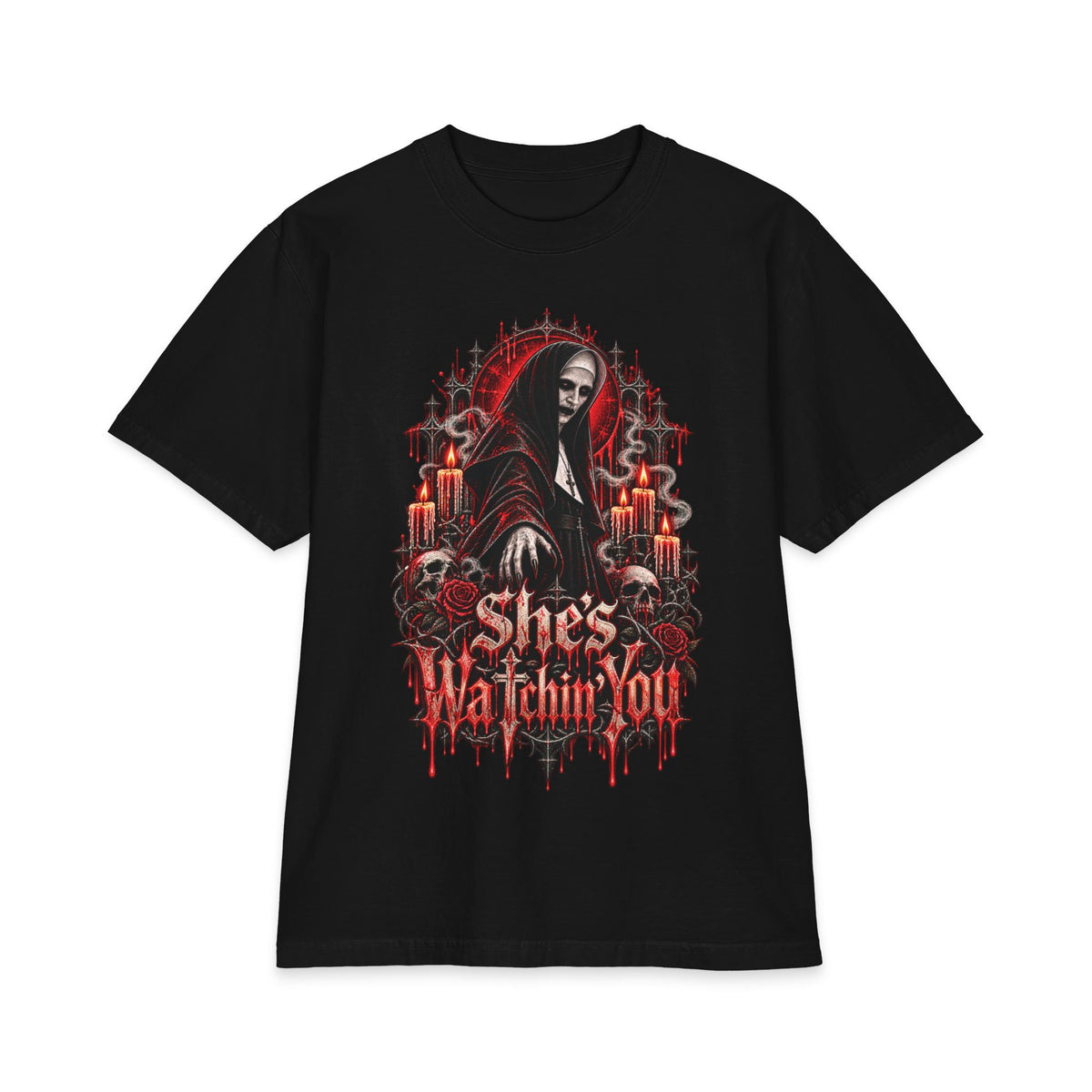 Horror Nun Illustration T-Shirt | Shes Watchin You Gothic Horror Tee