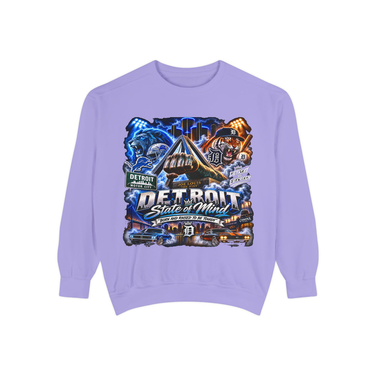 Detroit Skyline Motor City graphic Sweatshirt | Vintage cityscape, engine, blue orange