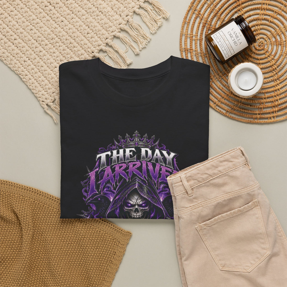 Grim Reaper Skull with Purple Flames T-Shirt | Gothic Death Quote Tee