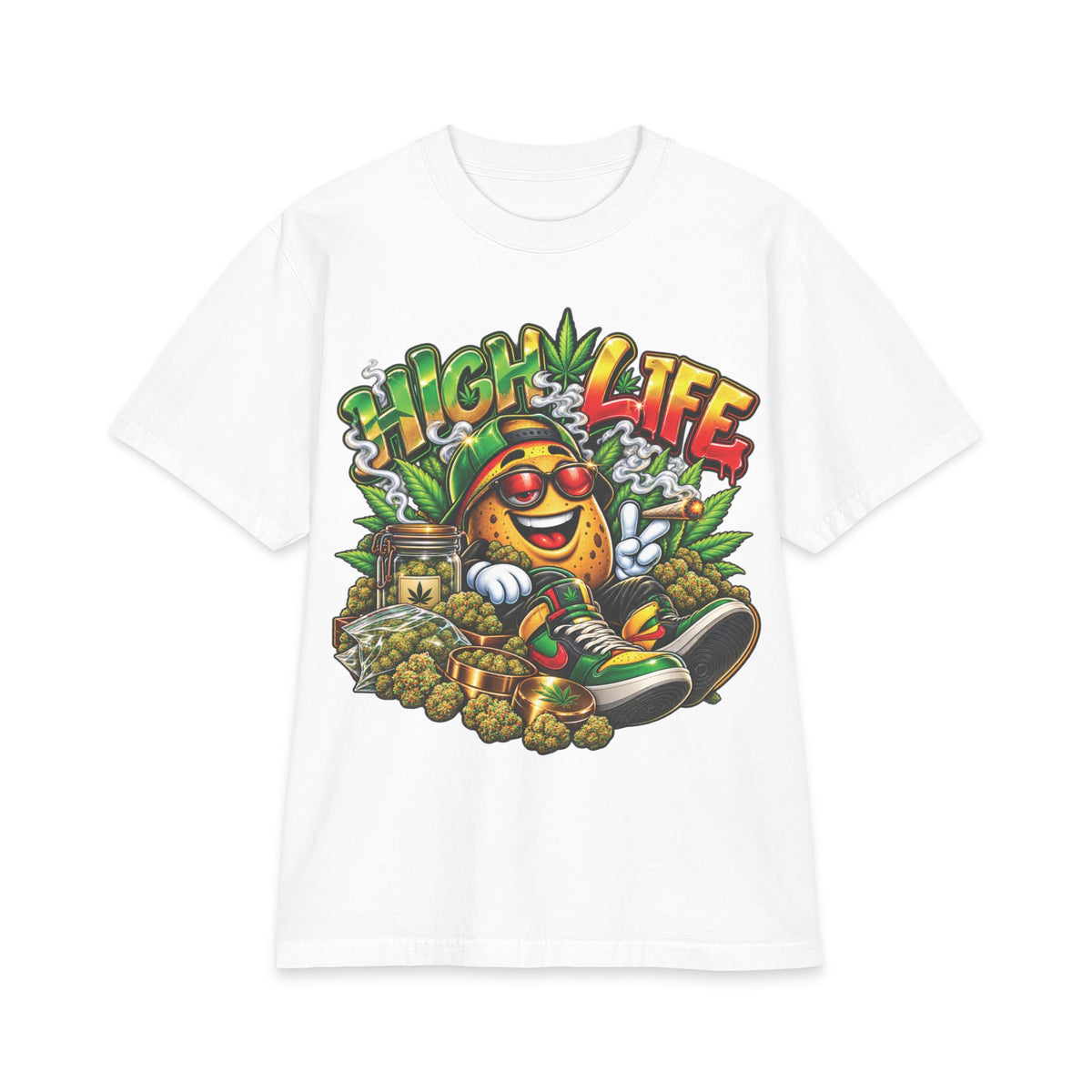 Detroir 420 High Life Smiley Stoner T-Shirt | Cannabis Leaf Skateboard Graphic
