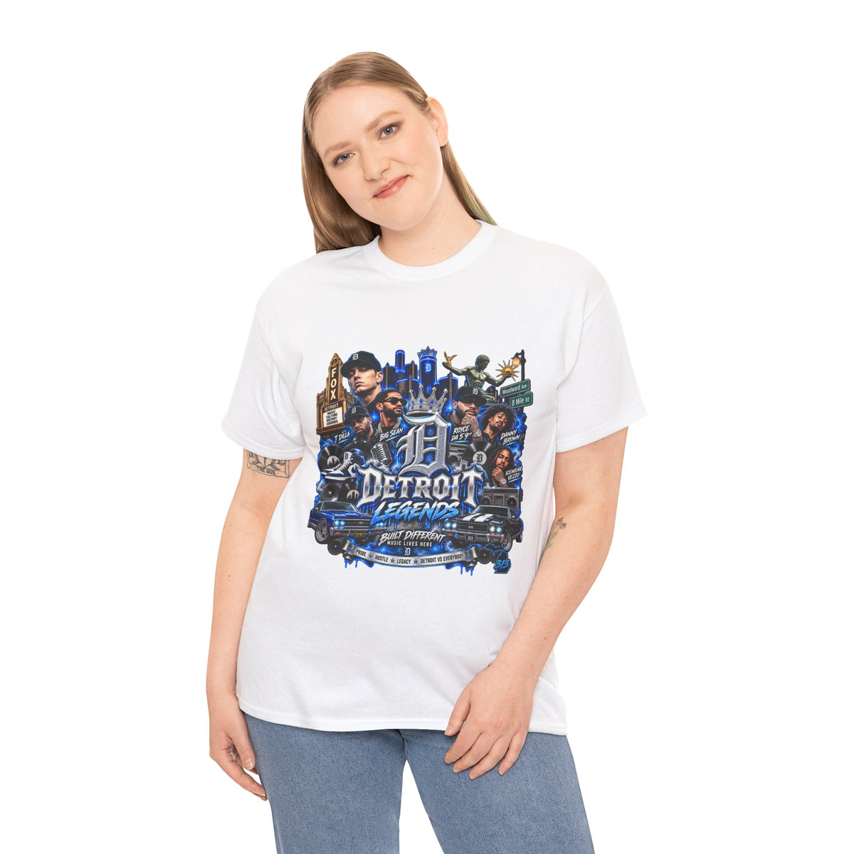 Detroit Legends collage T-Shirt | Motor City skyline, classic cars, musicians
