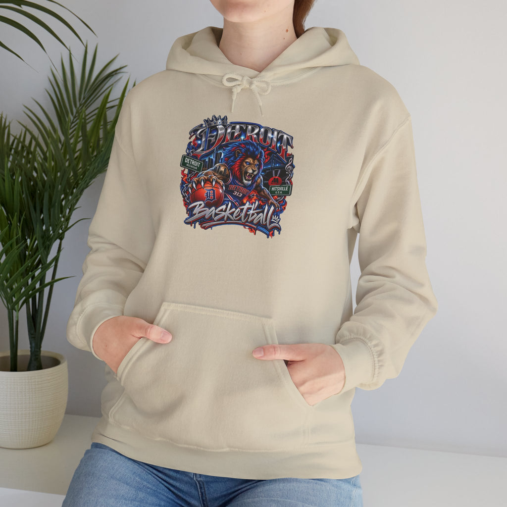 Detroit Basketball Graphic Hoodie | Vintage City Sports Logo, Front Collage Art