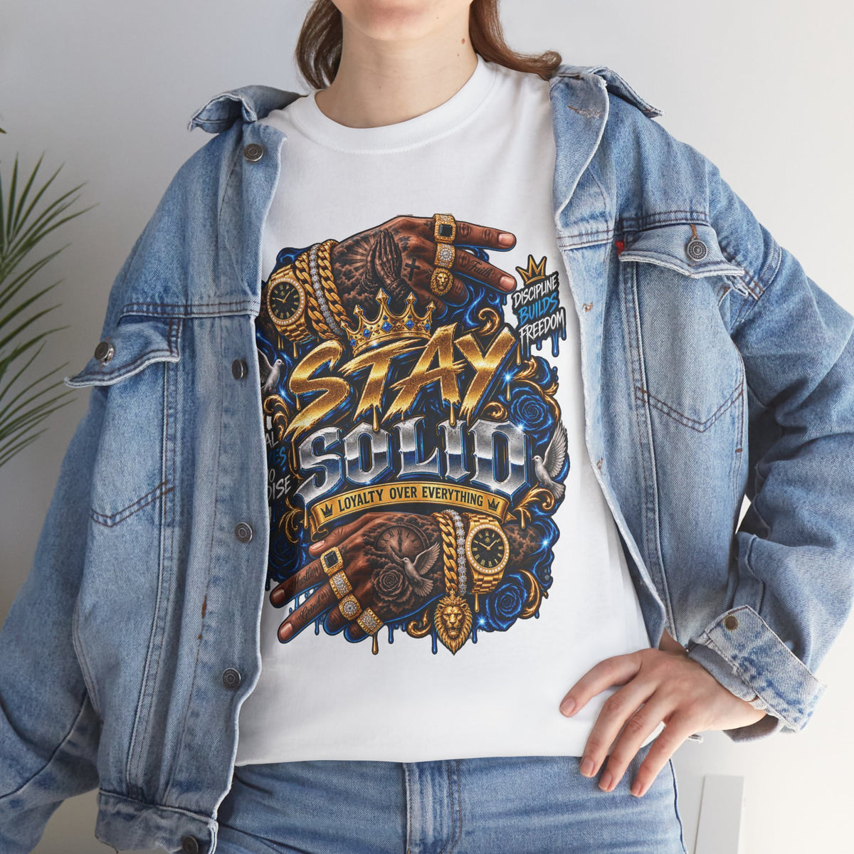 Stay Solid graphic tee | Urban street art typography, gold chain hands