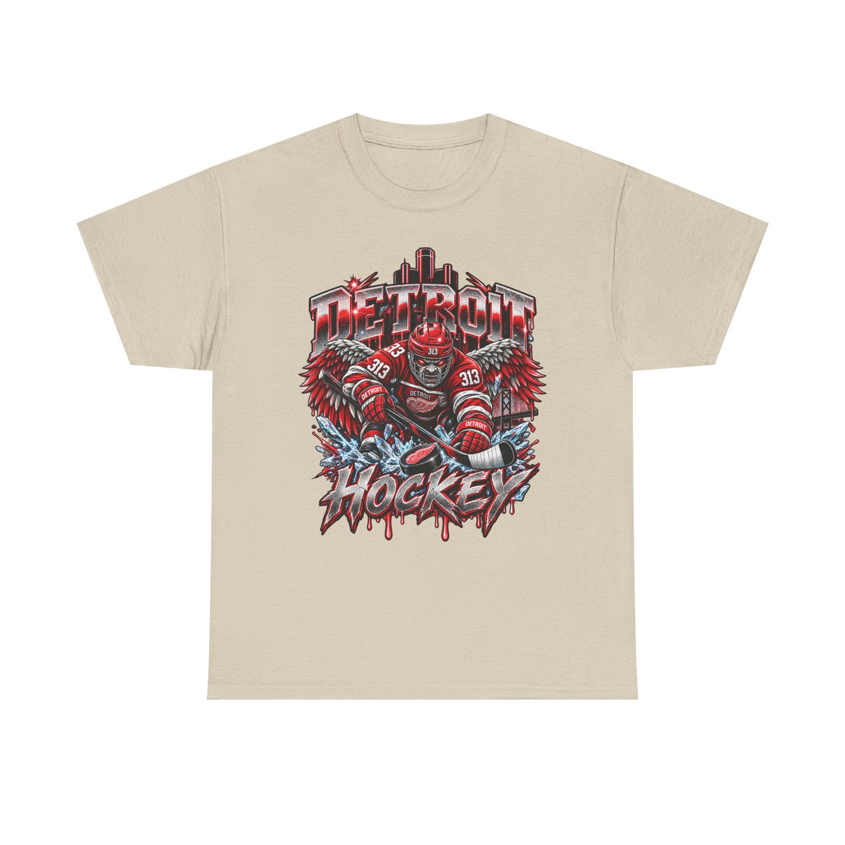 Detroit Hockey Player Graphic Tee | Metro Skyline, Winged Mascot