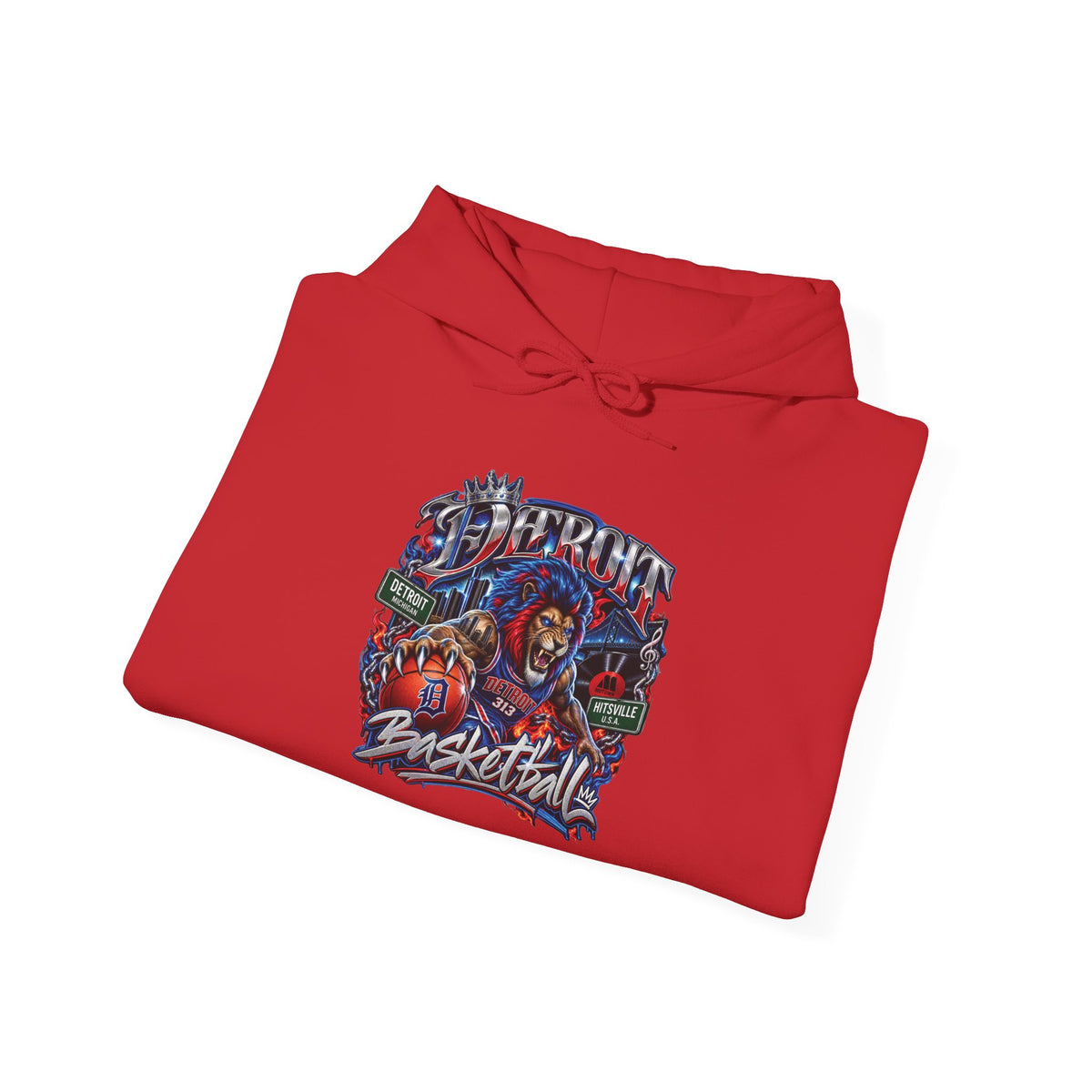Detroit Basketball Graphic Hoodie | Vintage City Sports Logo, Front Collage Art