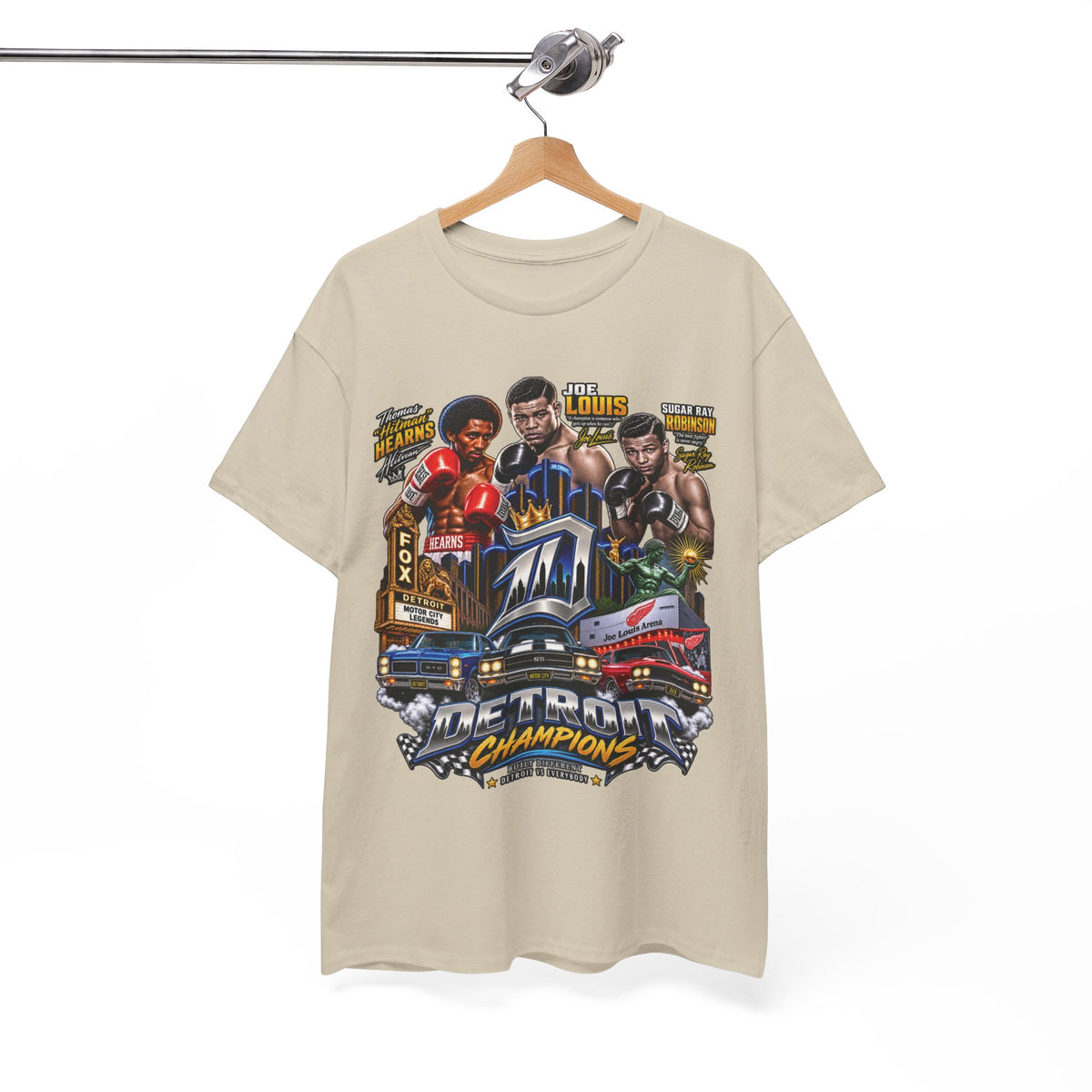 Detroit Champions T-Shirt | Motor City Boxing Legends, Classic Cars, City Skyline