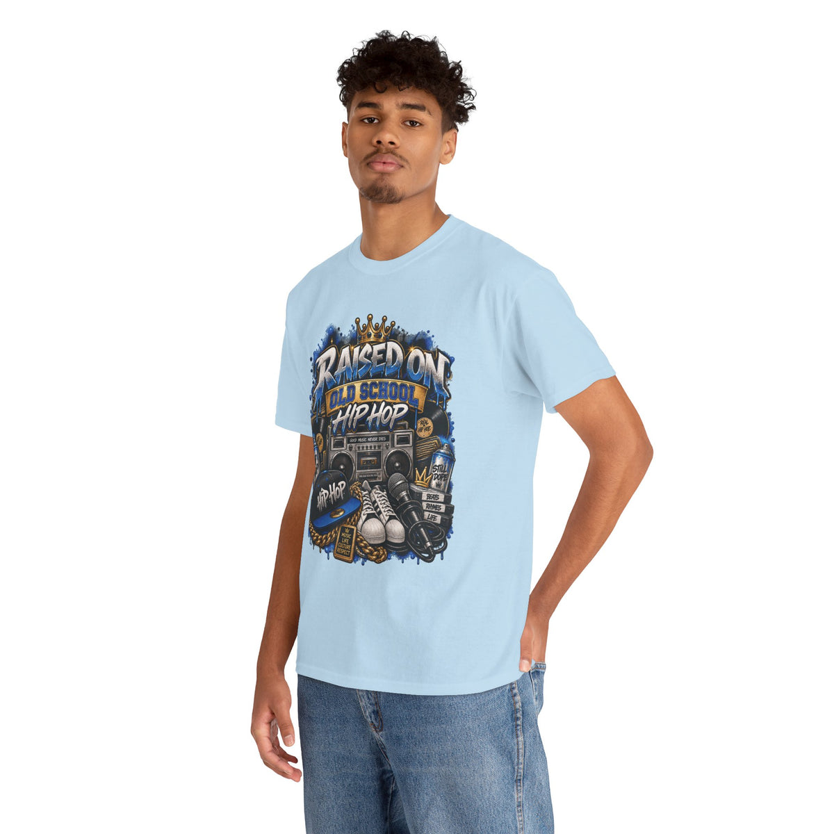 Raised On Old School Hip Hop T-Shirt | Retro Boombox Sneakers Crown Design