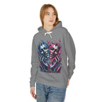 Dual Flame Masks Hoodie | Blue Pink Surreal Faces Graphic