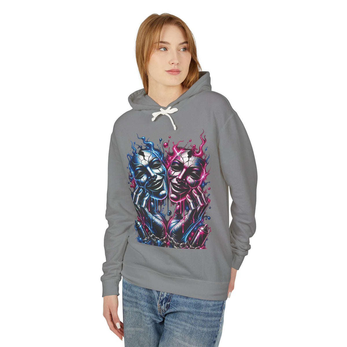 Dual Flame Masks Hoodie | Blue Pink Surreal Faces Graphic
