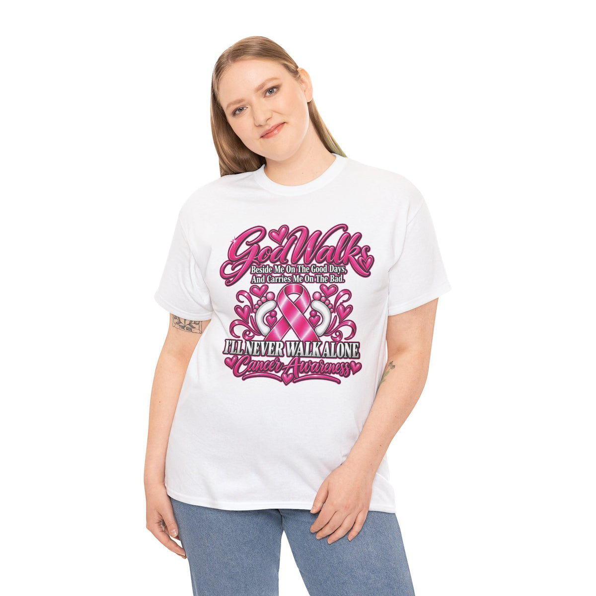 Breast Cancer Awareness Ribbon Tee | I'll Never Walk Alone, God Walks