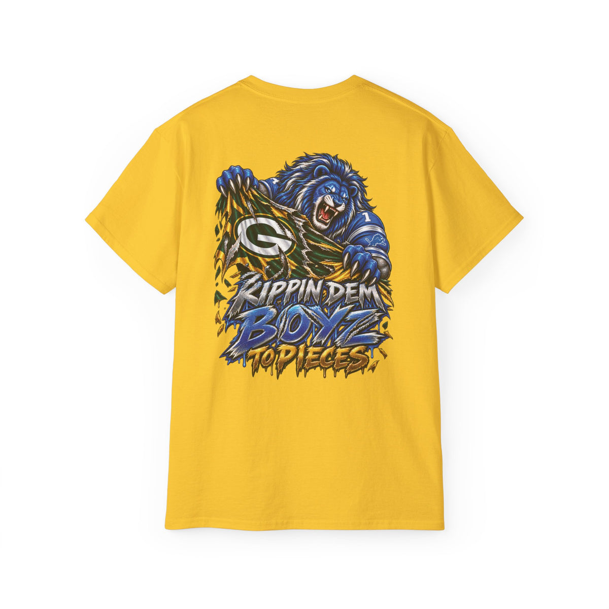 Detroit and Green Bay Rivalry Graphic Tee | Lion Ripping Green Bay Logo Back