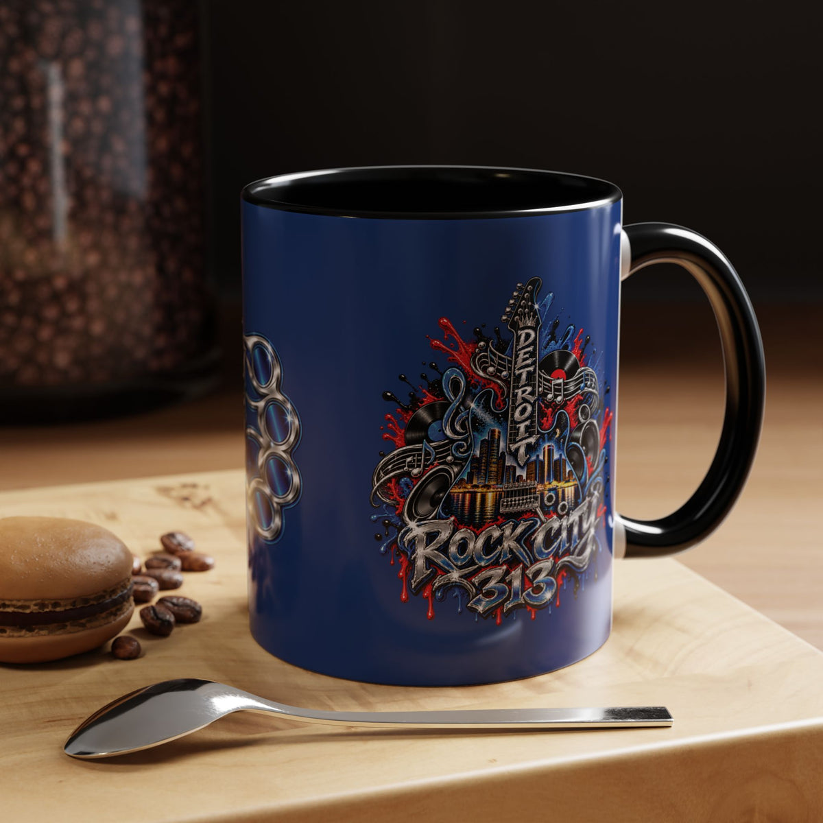 Detroit Rock City 313 Blue Accent Mug | Cityscape Guitar Graffiti Design