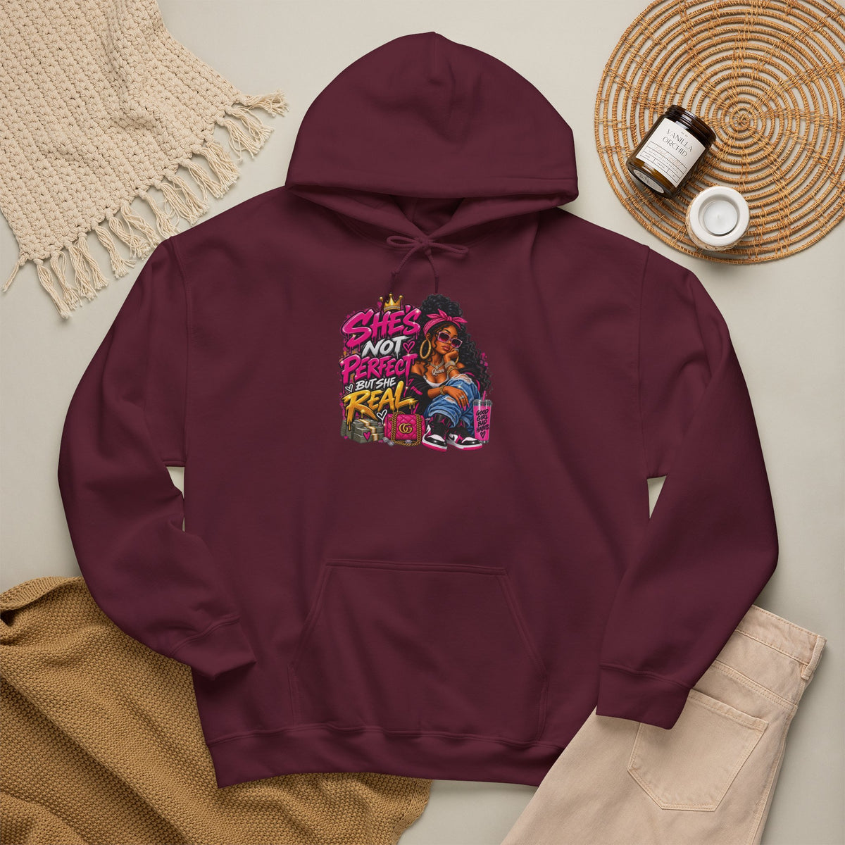 Shes Not Perfect Real AF hoodie | Retro Neon Girl Graphic Hoodie