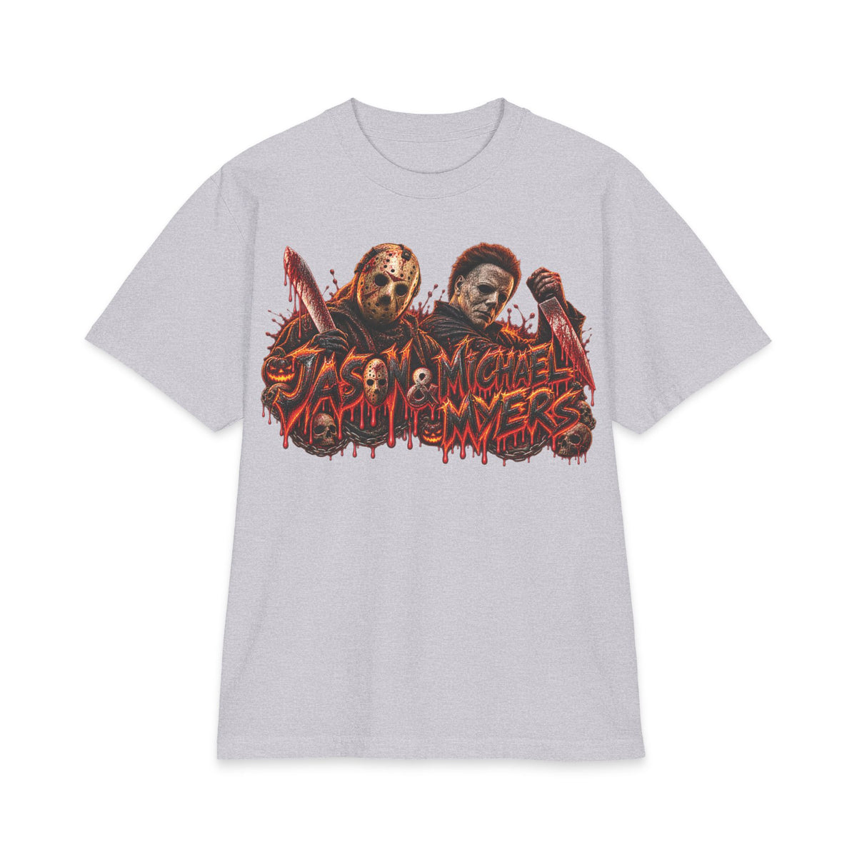 Jason and Micheal Myers Horror Slashers Graphic T-Shirt | Dual Masked Killers, Blood Drip Design