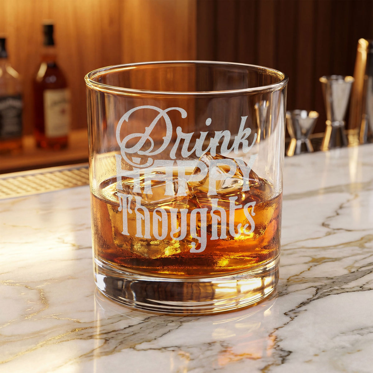 Drink Happy Thoughts Whiskey Glass | Engraved Rocks Glass 10.5oz
