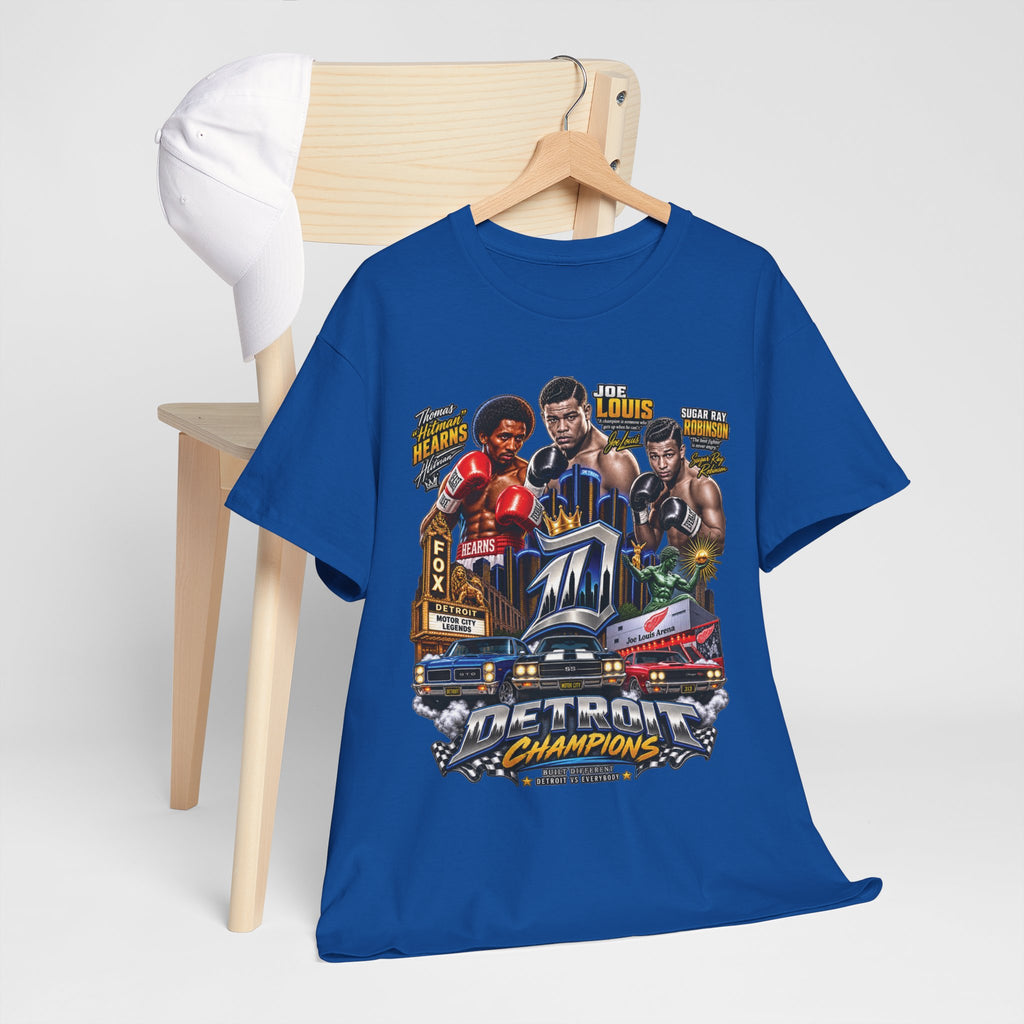 Detroit Champions T-Shirt | Motor City Boxing Legends, Classic Cars, City Skyline