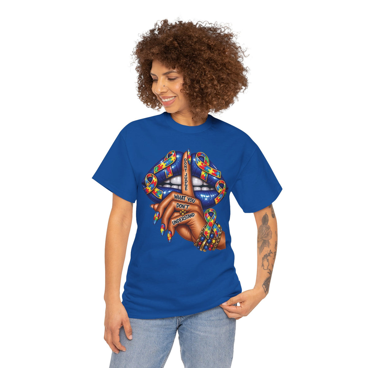 Shh Finger Lips Illustration T-Shirt | Colorful Beaded Bracelet Art