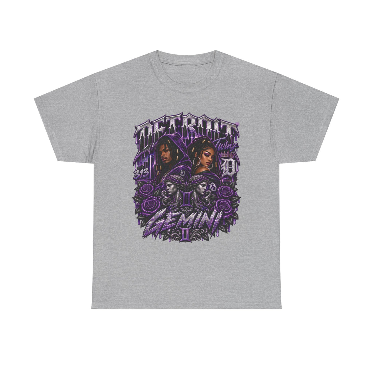 Gemini Skull Roses Graphic T-Shirt | Zodiac Twins Illustration
