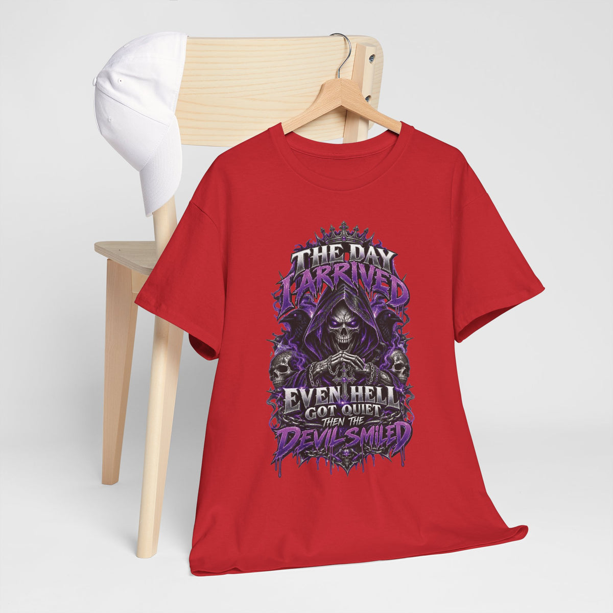 Grim Reaper Skull with Purple Flames T-Shirt | Gothic Death Quote Tee