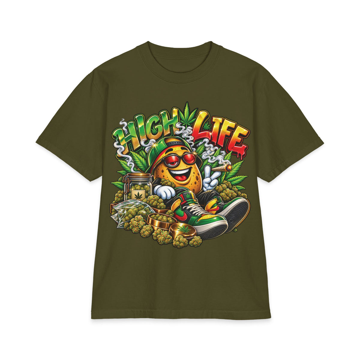 Detroir 420 High Life Smiley Stoner T-Shirt | Cannabis Leaf Skateboard Graphic