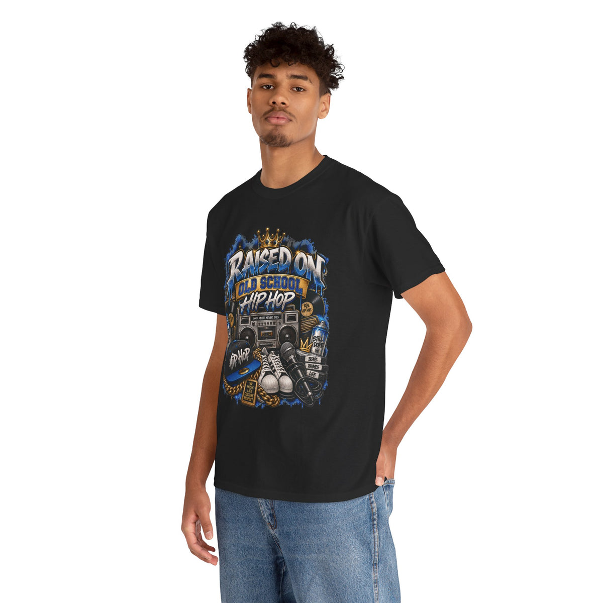 Raised On Old School Hip Hop T-Shirt | Retro Boombox Sneakers Crown Design