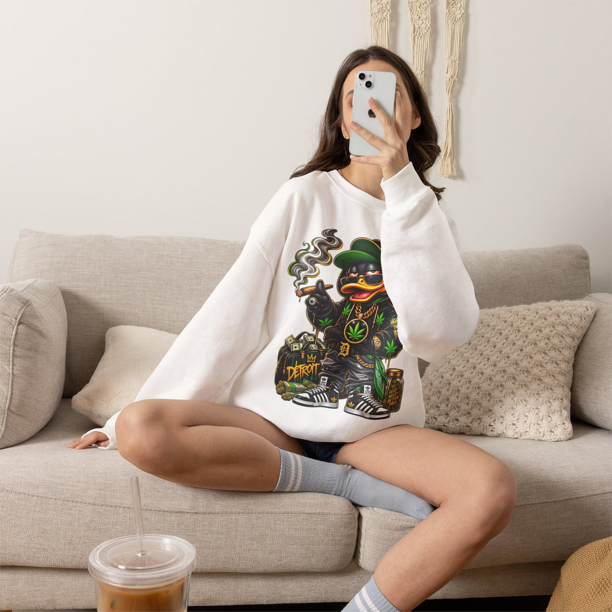 Weed Duck Smoking Cartoon Sweatshirt | Cannabis Leaf Streetwear Crewneck