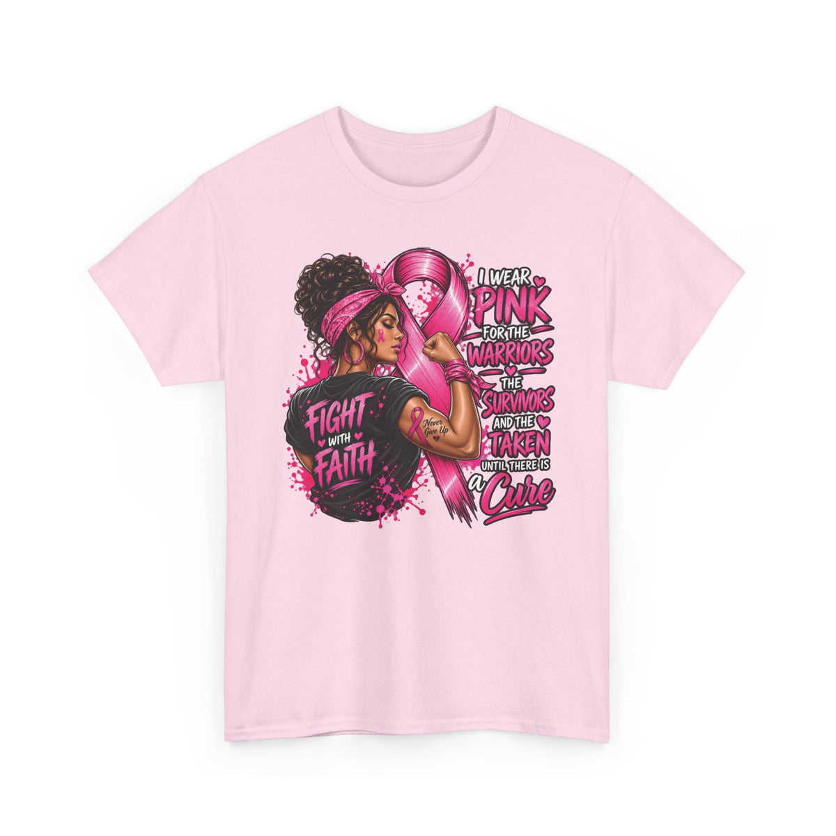 Fight with Faith breast cancer awareness T-Shirt | Rosie the Riveter pink ribbon design