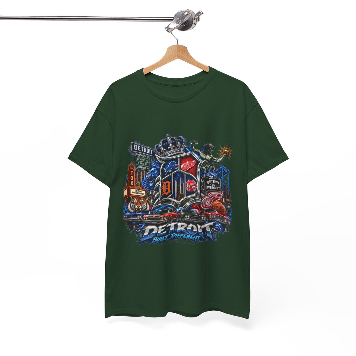 Detroit Skyline Collage T-Shirt | Motor City Landmarks, Vintage Neon Design