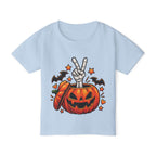 Peace Hand Skeleton in Jack-O'-Lantern Toddler T-shirt | Halloween Pumpkin Bats