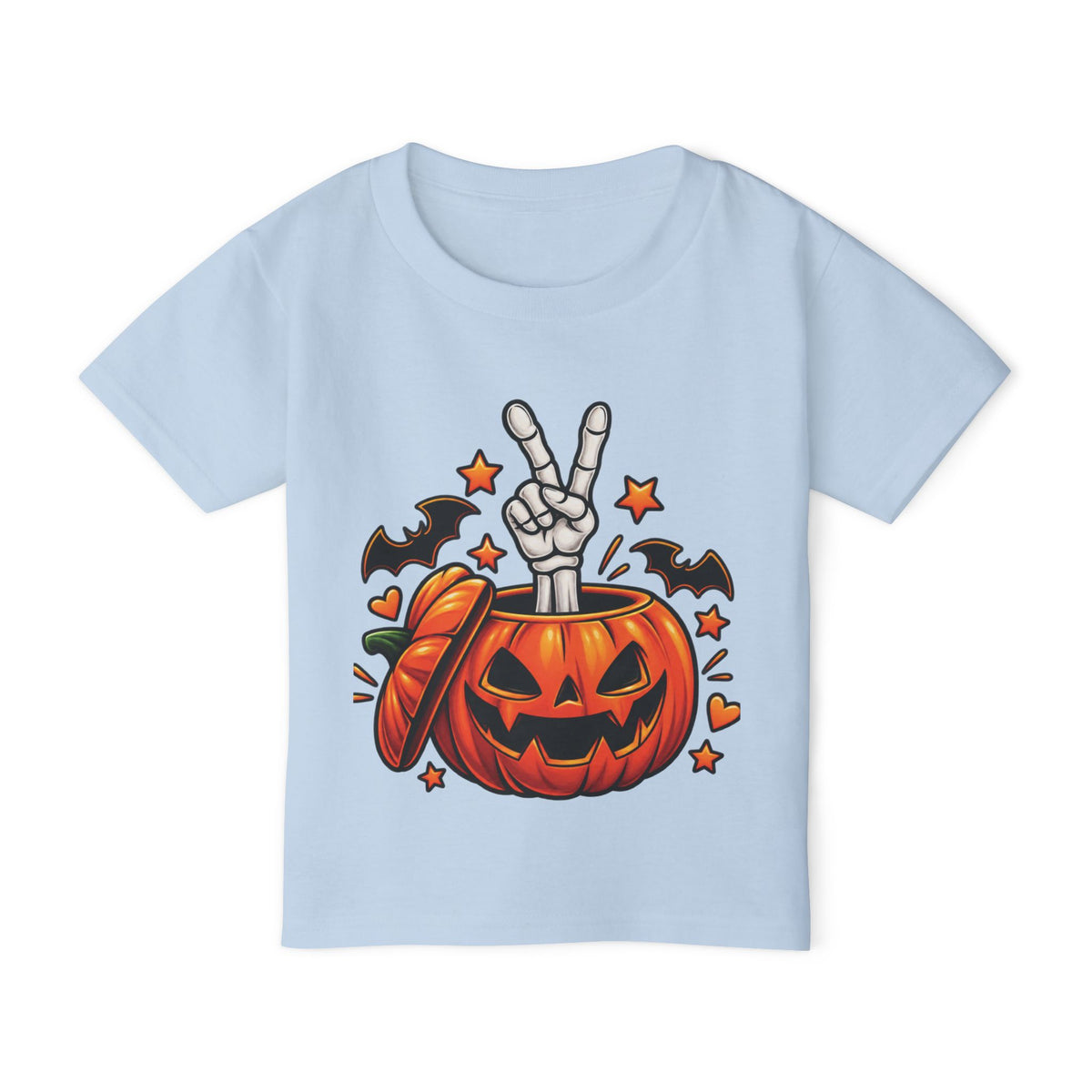 Peace Hand Skeleton in Jack-O'-Lantern Toddler T-shirt | Halloween Pumpkin Bats
