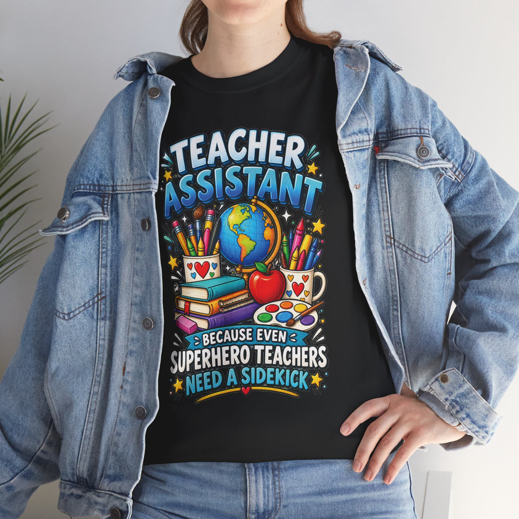 Teacher Assistant Tee | Colorful School Supplies, Globe, Apple, Superhero Theme