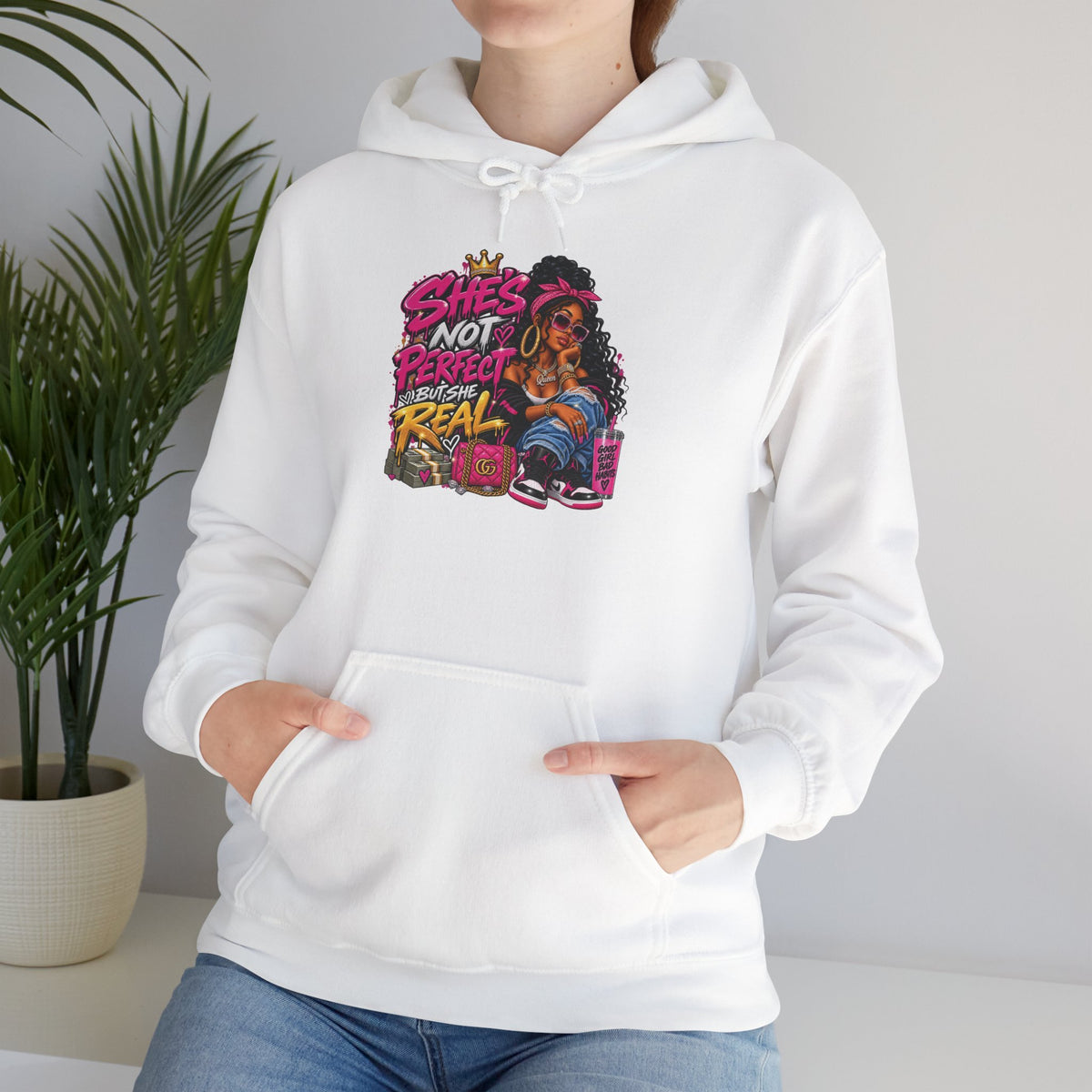 Shes Not Perfect Real AF hoodie | Retro Neon Girl Graphic Hoodie