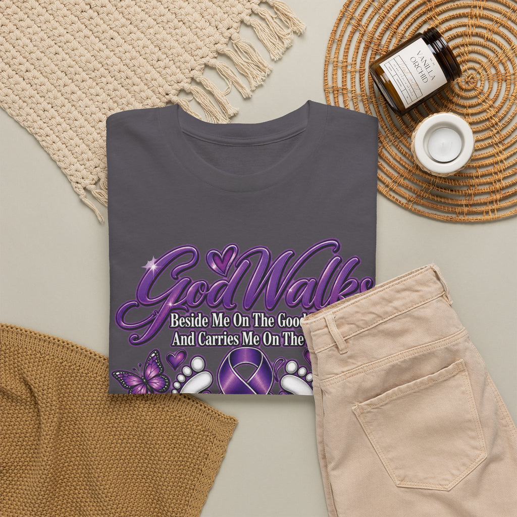 God Walks purple ribbon awareness T-Shirt | I'll Never Walk Alone design