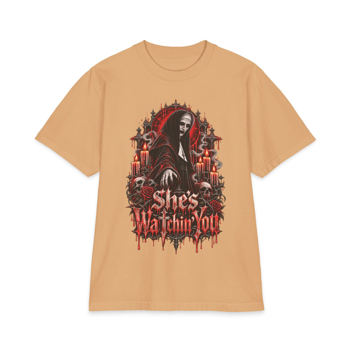 Horror Nun Illustration T-Shirt | Shes Watchin You Gothic Horror Tee