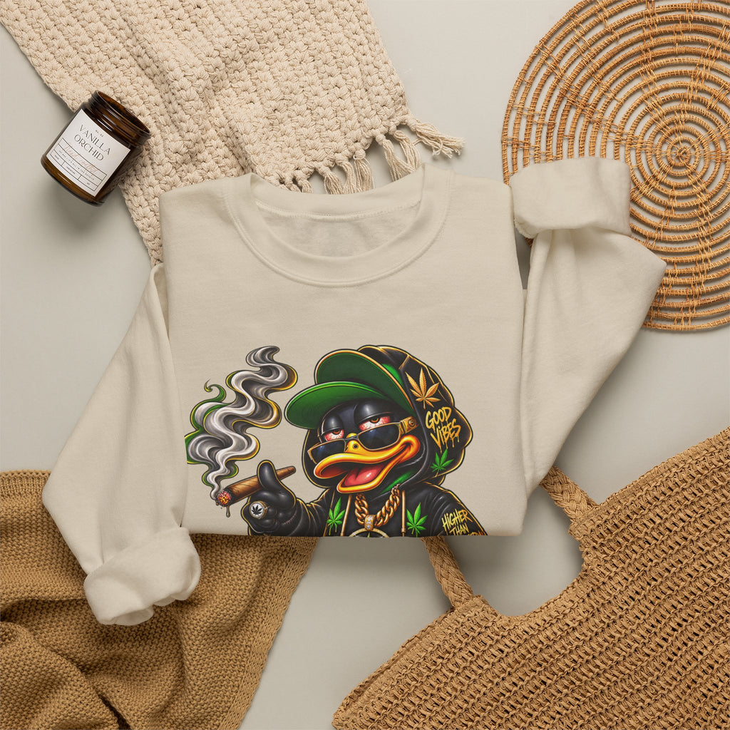 Weed Duck Smoking Cartoon Sweatshirt | Cannabis Leaf Streetwear Crewneck