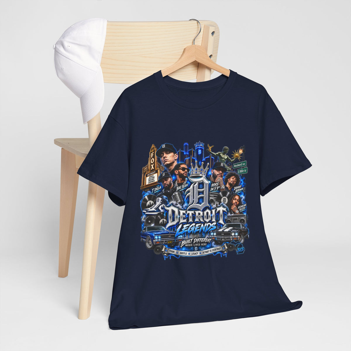 Detroit Legends collage T-Shirt | Motor City skyline, classic cars, musicians