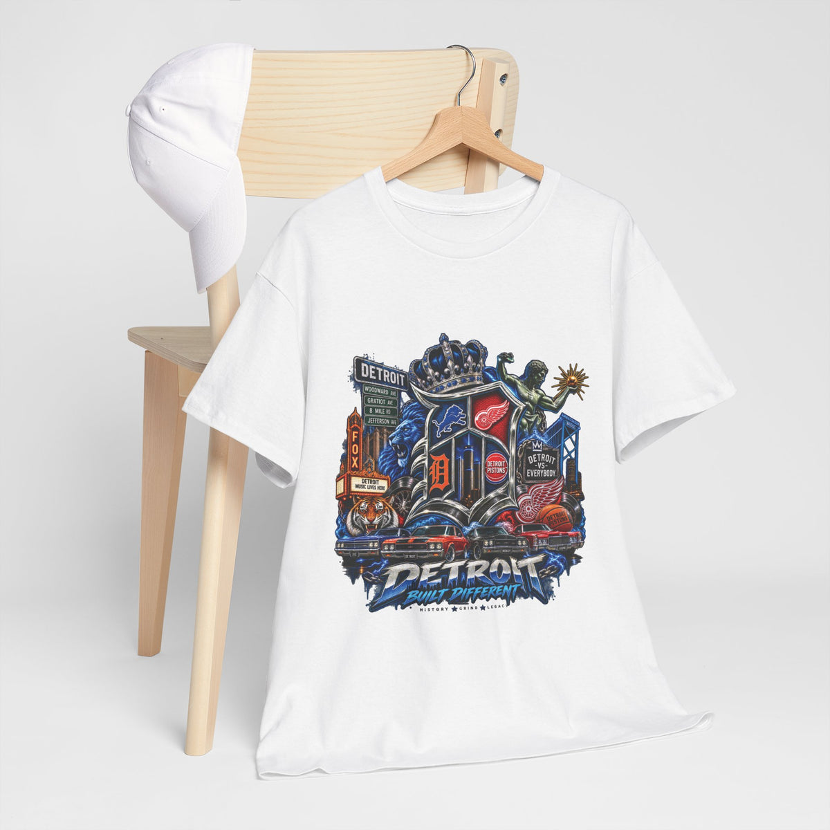 Detroit Skyline Collage T-Shirt | Motor City Landmarks, Vintage Neon Design
