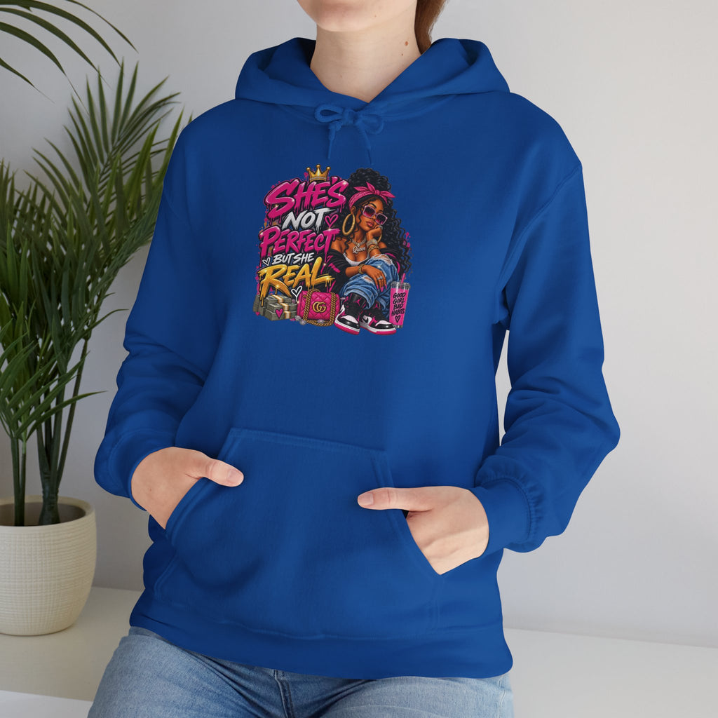Shes Not Perfect Real AF hoodie | Retro Neon Girl Graphic Hoodie