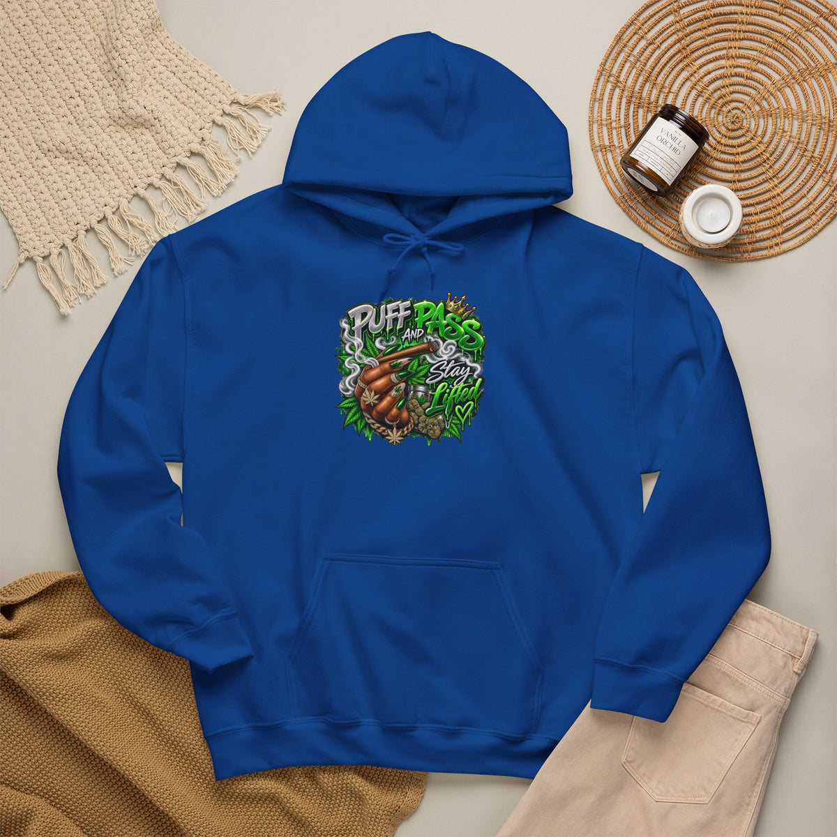 Puff Pass Stay Lifted Hoodie | Cannabis Leaf, Smoky Hand Illustration