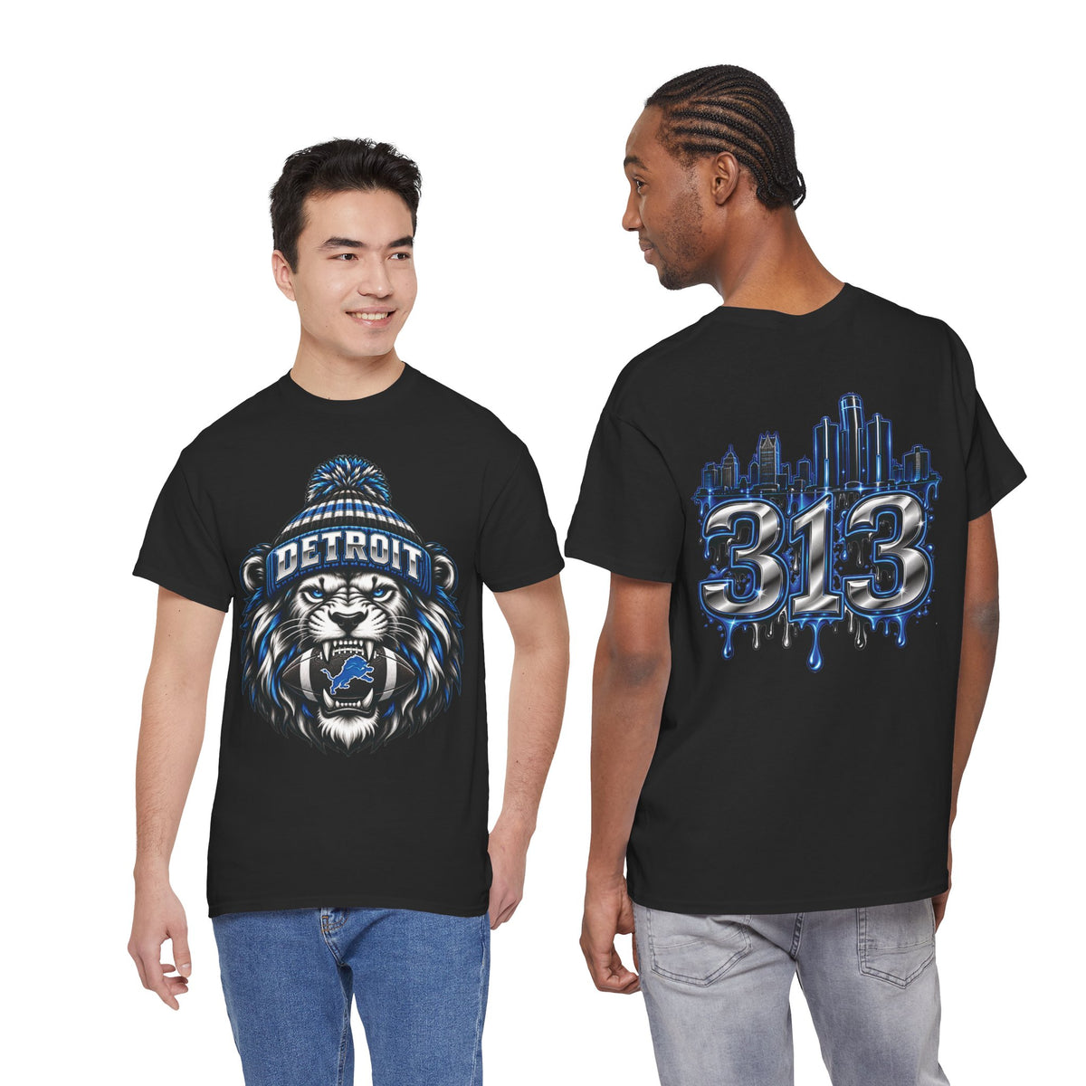 Detroit Lion Skull Beanie Tee | 313 Drip City Skyline T-Shirt
