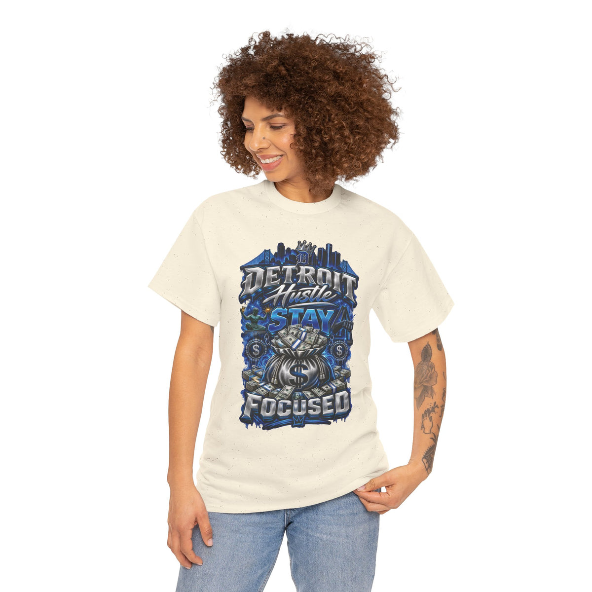Detroit Hustle Stay Focused Tee | City Skyline, Money Bag Graphic