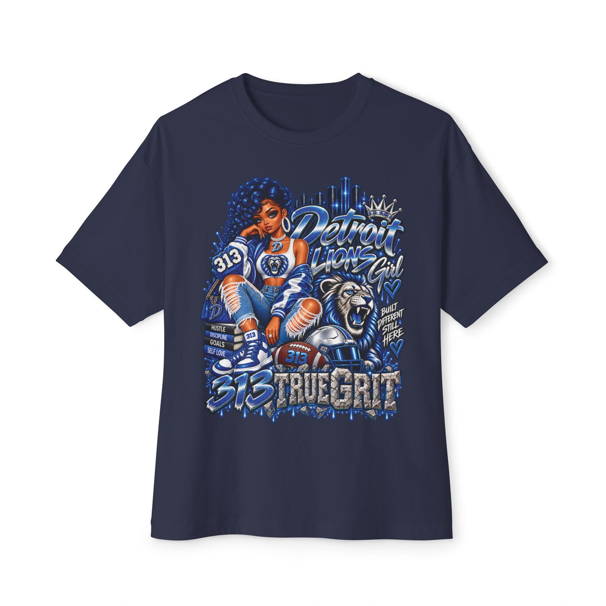 Lions Detroit City Grit tee | Motor City skyline, 313, sneaker and bulldog illustration