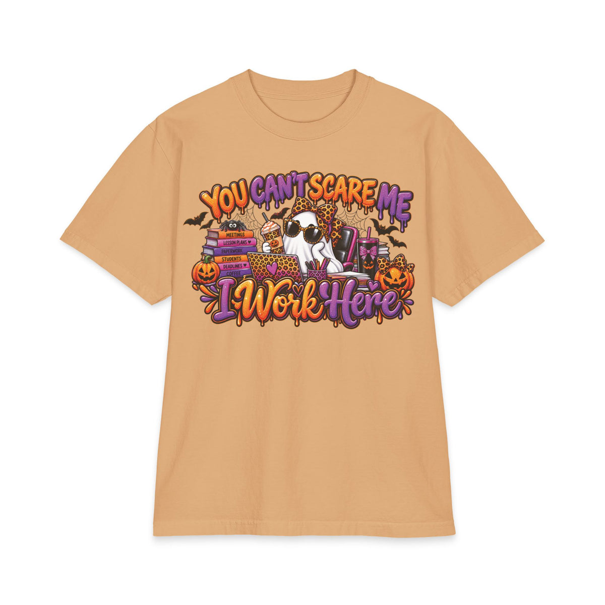 You Cant Scare Me I Work Here T-Shirt | Halloween Cow Pumpkin Graphic