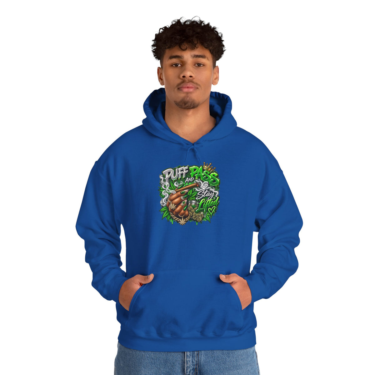 Puff Pass Stay Lifted Hoodie | Cannabis Leaf, Smoky Hand Illustration