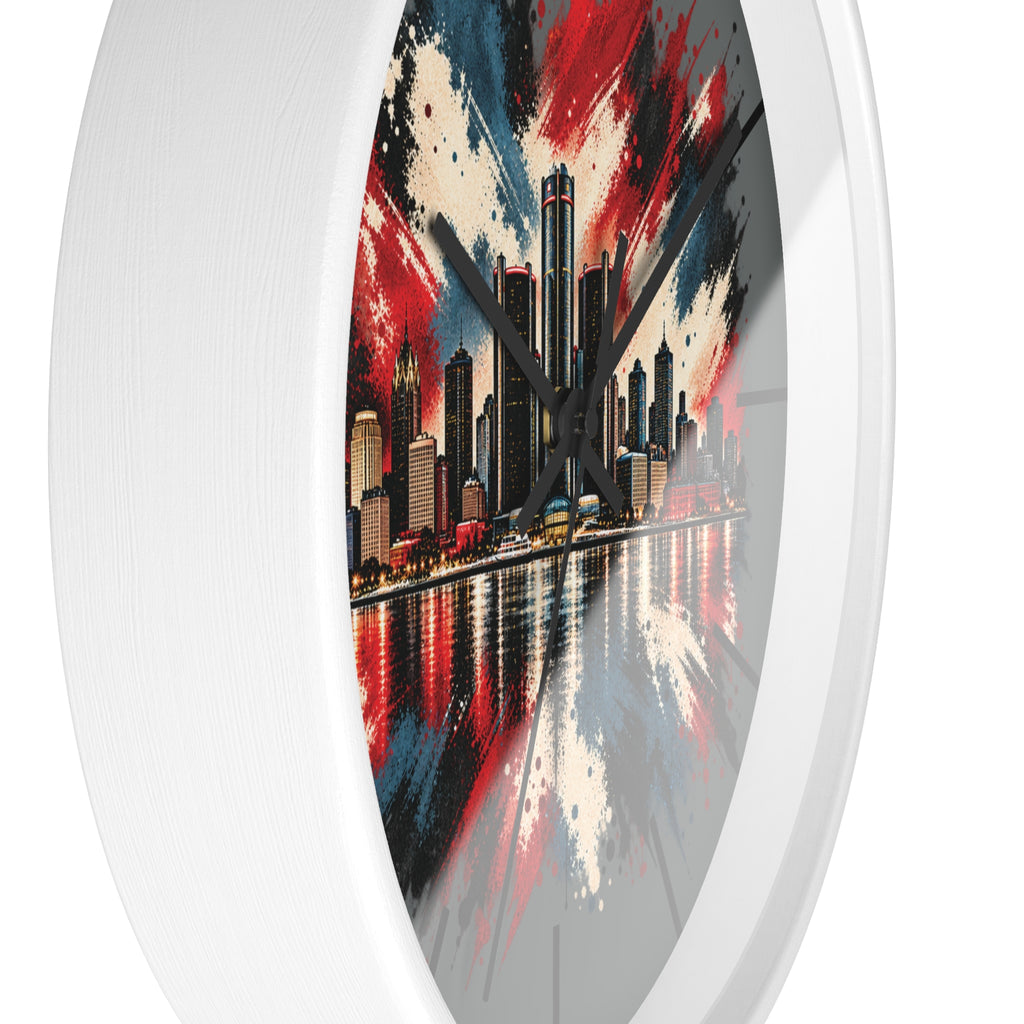 Urban Skyline Detroir Wall Clock – Red, White & Blue Cityscape Decor