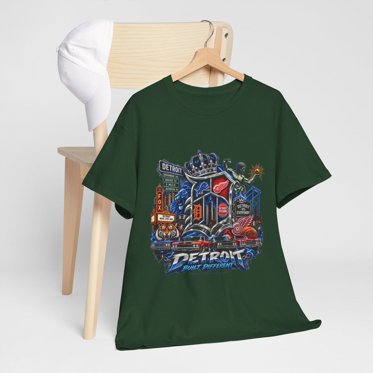 Detroit Skyline Collage T-Shirt | Motor City Landmarks, Vintage Neon Design