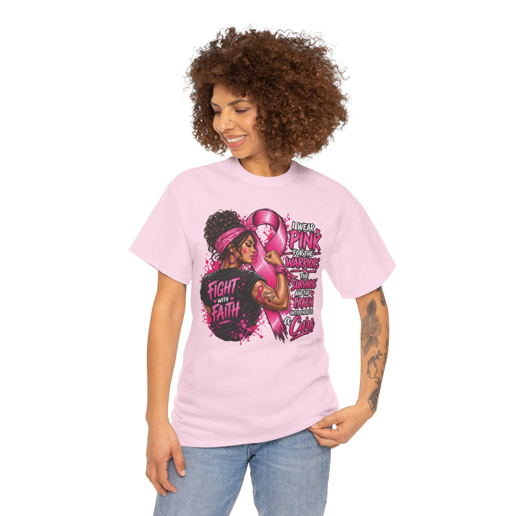 Fight with Faith breast cancer awareness T-Shirt | Rosie the Riveter pink ribbon design