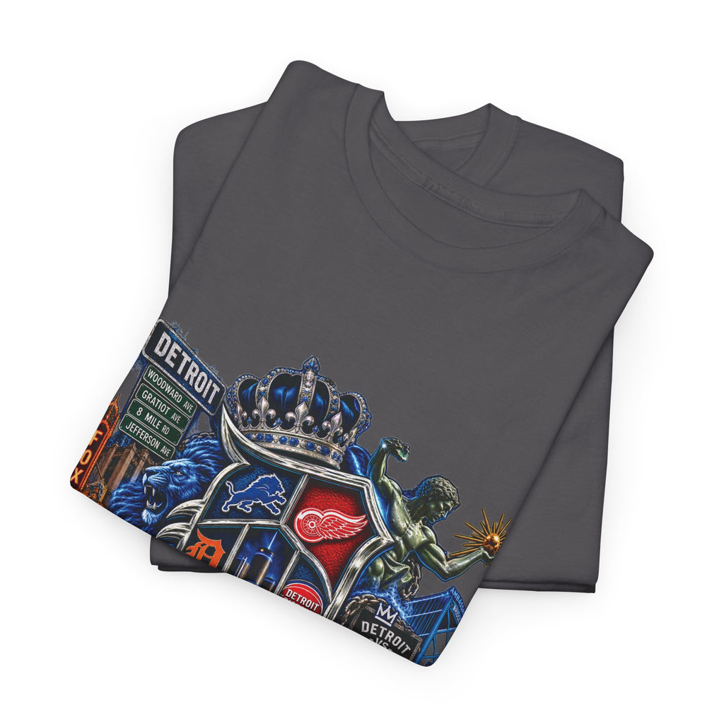 Detroit Skyline Collage T-Shirt | Motor City Landmarks, Vintage Neon Design
