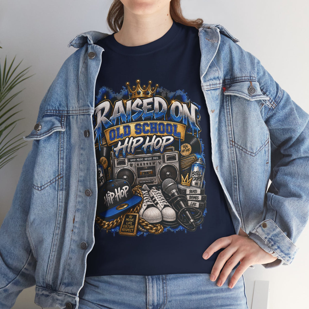 Raised On Old School Hip Hop T-Shirt | Retro Boombox Sneakers Crown Design