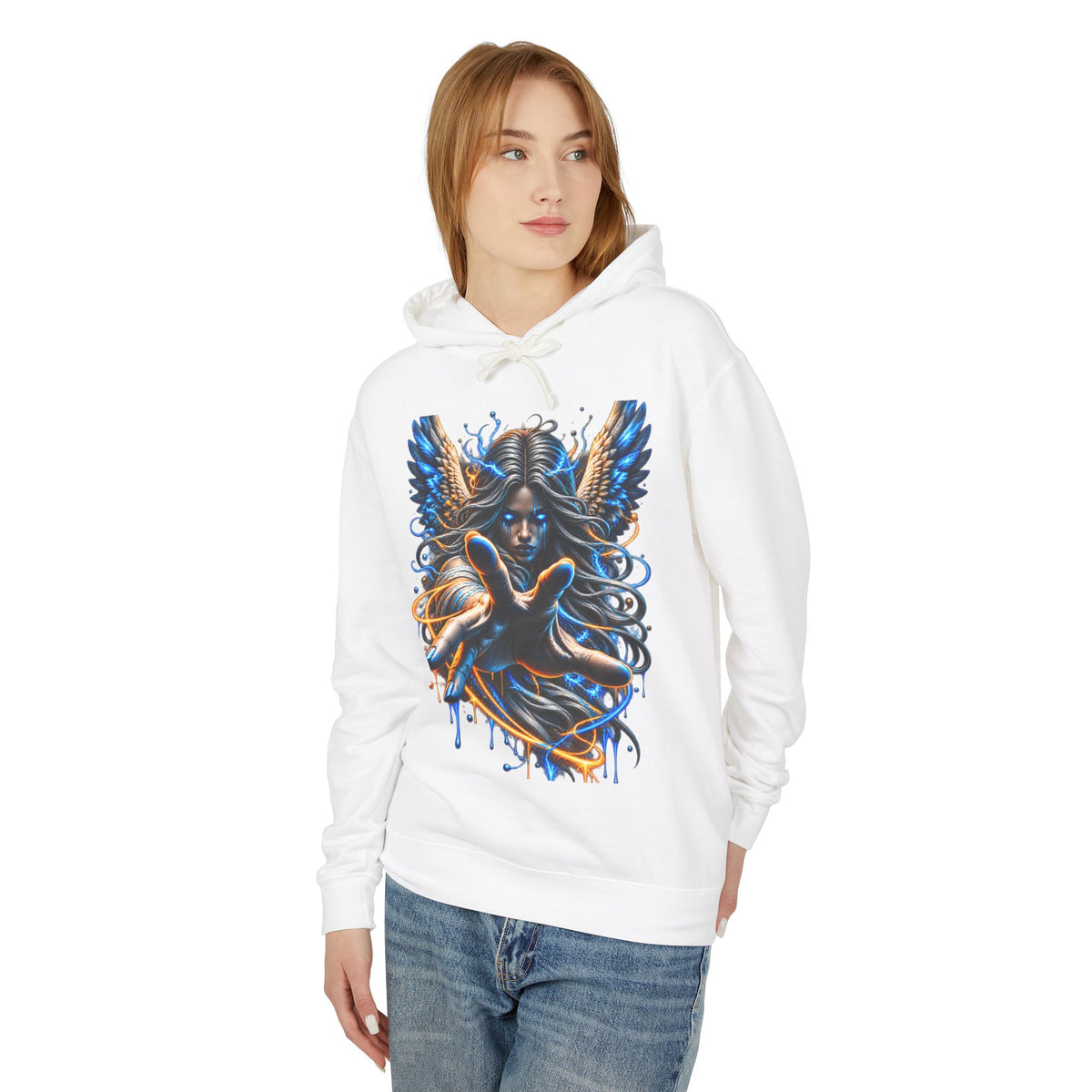 Dark Angel Illustration Hoodie | Winged Woman, Dripping Paint Art